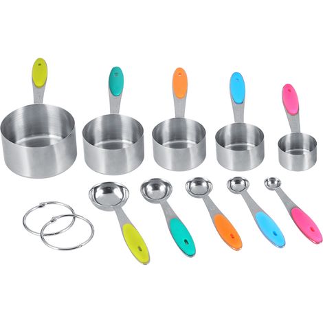 ejoous Lot de 10 tasses et cuillères doseuses en acier inoxydable avec poignées en silicone pour la cuisine