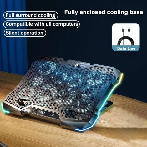 Laptop-Kühlständer mit 10 leisen Lüftern, RGB-Unterstützung und Digitalanzeige, kompatibel mit Laptops von 12 bis 18 Zoll.