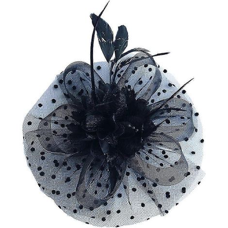 Chapeau haut-de-forme décoratif en résille à plumes, bandeau, accessoire de coiffure pour femme, motif floral à pois-Black (1/5)