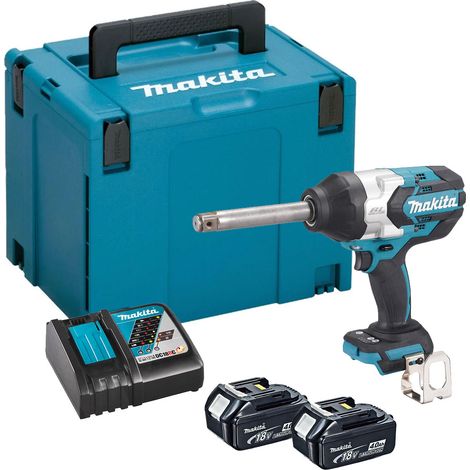 Makita DTW1005RMJ 18V LXT 3/4inch Square Drive Brushless Impact Wrench with Long Anvil - 2x 4Ah Batteries, Charger & Makpac 4 Case