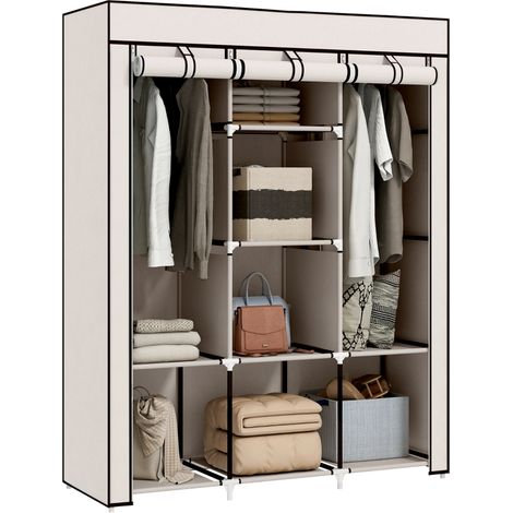 Armario de Tela Plegable Ropero Portátil con 8 Estantes y 2 Barras de Colgar para Dormitorio 125x43x162,5 cm Crema