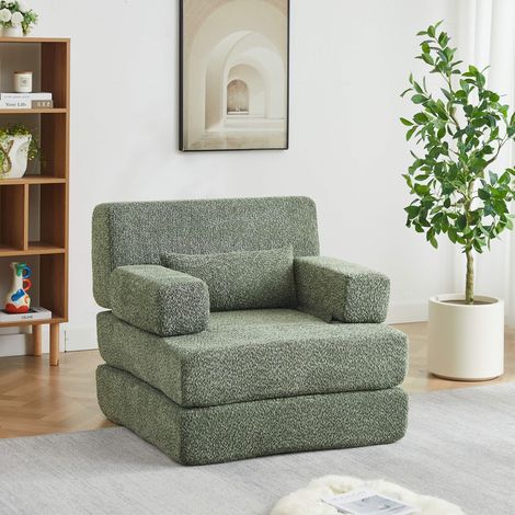 Canapé convertible pliable 1 place 2 en 1-Chauffeuse modulable-Chenille-Lit d'appoint-Cadre métal-Petit espace-Vert (1/5)