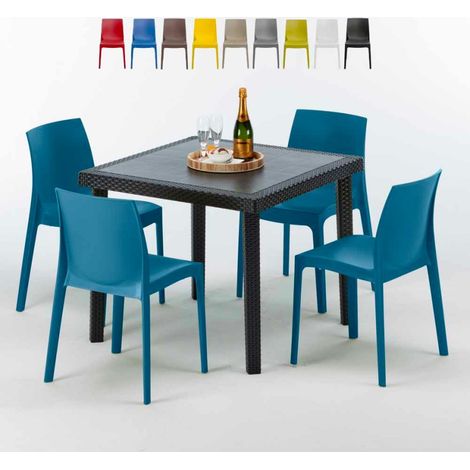 Grand Soleil – Ensemble table carrée noire 90x90 cm avec 4 chaises empilables en polypropylène – Résistant aux intempéries – Design Made in Italy