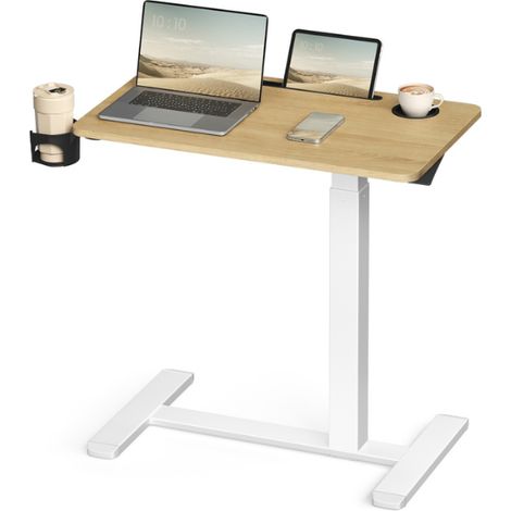 Bureau assis-debout réglable en hauteur 70 x 40 x 102 cm 2 porte-gobelets fente porte-téléphone en aggloméré blanc (1/2)