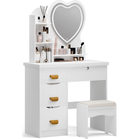 Schminktisch mit Hocker, herzförmiger LED-Spiegel (Helligkeit einstellbar), 4 Schubladen, 2 Ablageflächen, 80×36×129 cm (weiß). (1/5)