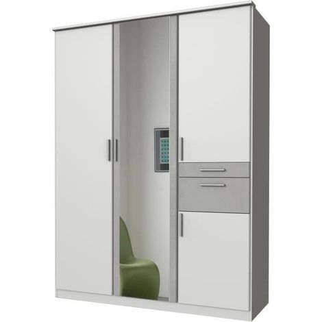 Armoire Décor Blanc & Gris béton - 4 portes battantes - Miroir - 2 tiroirs - L135 x P58 x H199 cm - VOLOS (1/3)