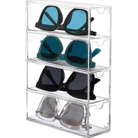 BRAVIX Boîte de Rangement pour Lunettes, 4 Couches de Lunettes de Soleil Organisateur Boîte de Présentation pour Lunettes de Soleil Montre Cosmétiques Boîte à Bijoux Rectangulaire Transparente en Acry (1/5)