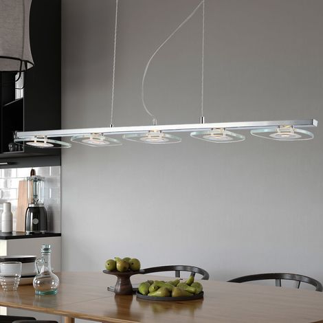 Pendelleuchte Hängeleuchte Glas Esszimmerleuchte hängend Modern Chrom, Metall, 5x LED 4,5W 382Lm warmweiß, LxBxH 90x13x150 cm