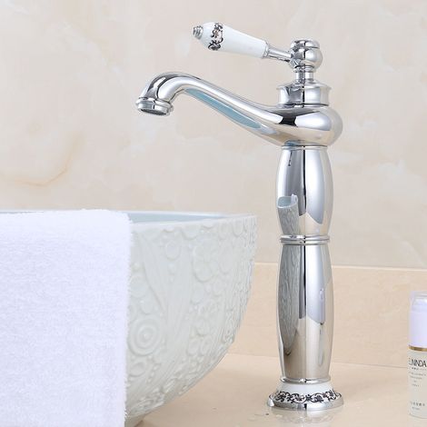 Robinet Mitigeur Lavabo en Laiton Style Européen Rétro, pour Vasque à Poser, Salle de Bain, Finition Argentée avec Céramique, Modèle Haut avec Flexible-lsw