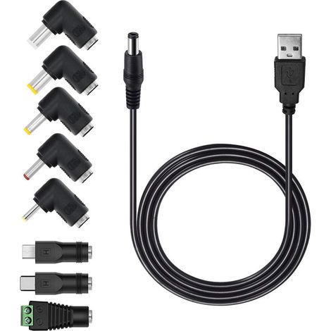 Universal 5V USB to DC Cable 5.5 mm x 2.1 mm with 8 Jack Connectors USB Cable 5.5mm 2.5mm, 4mm 1.7mm, 4.8mm 1.7mm, 3.5 1.35mm, 2.5mm 0.7mm, pour Micro USB, Type-C, Connecteur LED (1/5)