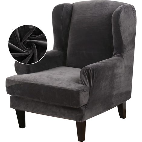 Set of 2 winged chair covers - Stretch velvet - Elasticated bottom - For wide-back chairs - Dark grey (1/5)