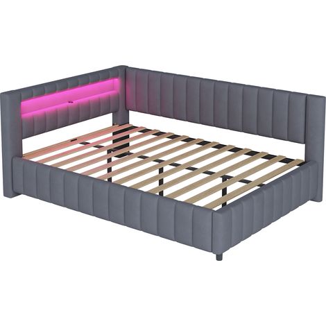 Cama tapizada 140 x 200 cm de terciopelo gris con LED, USB, cabecero y somier de láminas (1/5)