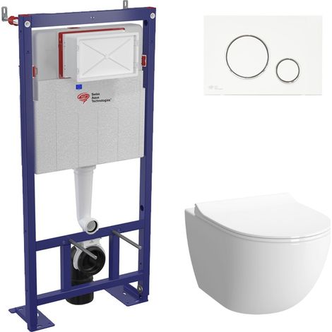 Swiss Aqua Technologies Pack WC bâti-autoportant + WC SAT infinitio sans bride fixations invisibles + Abattant softclose + Plaque blanche/chrome (1/5)