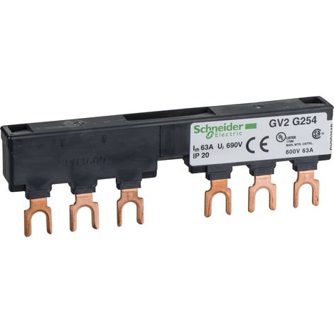 Jeu de barre tripolaire - 63 A - 2 dérivations - pas 54 mm - GV2G254