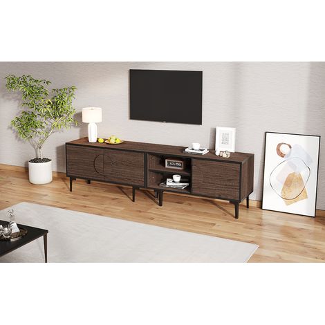 Meuble TV bas 180x35x49cm en noyer foncé, support télé pour salon, buffet TV avec 2 caissons et étagères ouvertes, convient aux écrans jusqu'à 80 pouces. (1/5)