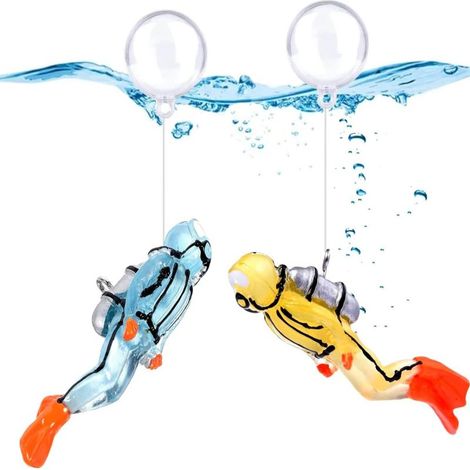 Lot de 2 décorations phosphorescentes pour aquarium, adorables petits plongeurs, accessoires flottants (bleu et jaune) (1/5)