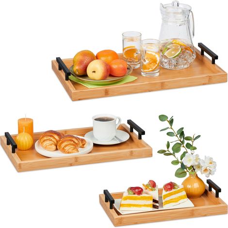 Relaxdays 3x Serving Trays, Various Sizes, Breakfast in Bed Tablet, with Handles, Bamboo, Snacks, Coffee & Tea, Natural