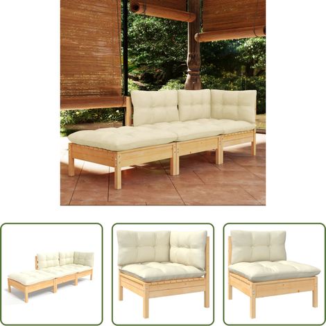 Terrassensofa - 3-tlg. Garten-Lounge-Set mit Creme Kissen Massivholz Kiefer (1/5)