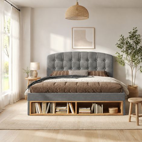 Letto 90x200 cm in velluto grigio con cassetti, senza materasso, per camere piccole – MEUBLIV (1/5)