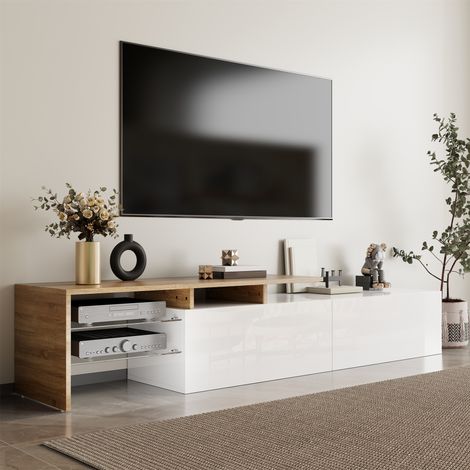 Mueble TV 170 x 33 x 33,5 cm con LED 16 colores y estantes de cristal, moderno, tableros de partículas, blanco y natural (1/5)