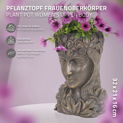 ML-Design Pflanztopf Frauenkopf Figur 21x16x32 cm Bronze Kunstharz,  Innen/Auen, Gro Bste Skulptur, Weiblich Mdchen Statue Dame Gesicht  Pflanzgef Blumentopf bertopf Pflanzer Gartendeko Vase Urne