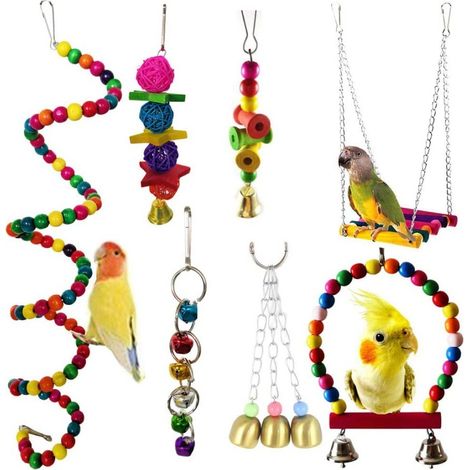 Jouets pour Oiseaux, Camiter 7 Pièces Jouets à mâcher, Jouets à Suspendre avec Clochette, Balançoires, Échelles, Décoration Animal Cages pour Oiseaux (1/5)