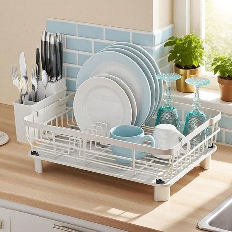 (White) Dish Drying Rack, Dish Rack, Large Dish Racks for Kitchen Counter, Drying Rack Kitchen with Removable Utensil Holder, Drainboard 16.9" x 12.9" x 5.9" (1/5)