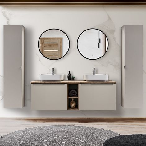 Badmöbel Set  in taupe mit Vintage Oak Eiche PUEBLA-56-TAUPE B/H/T 230/200/46 cm (1/5)