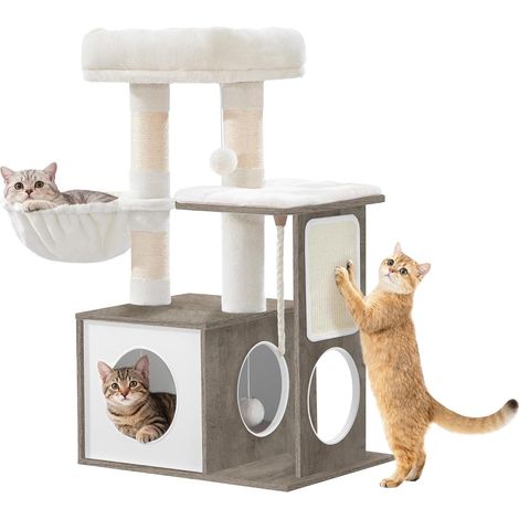 Arbre à Chat 85 cm de Haut, avec 3 Poteaux à Griffer, Tapis Amovible et Lavable, 1 Niche, 2 Plateformes, Corde en Sisal, 1 Panier pour Chat et des 2 Pompons, Lvoire Clair (1/5)