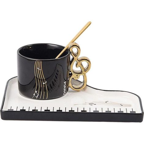 Tasses à expresso en céramique avec notes de musique avec soucoupe et cuillère Tasse à café créative piano Tasses à cappuccino 200ml Tasse en porcelaine Set de tasses à moka Cadeau Noir (1/5)