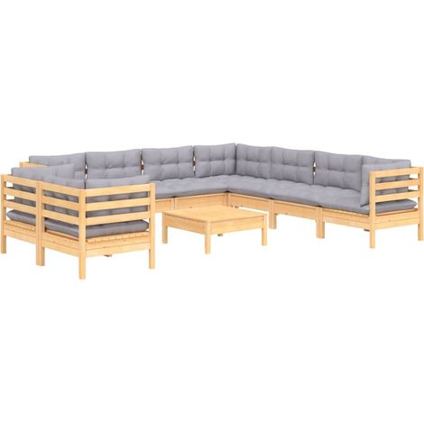 Mobili da giardino mobili da esterno Set di mobili da 10 pezzi con cuscini grigi in legno di pino massiccio