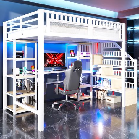 Lit mezzanine, 140x200cm, structure en fer, compartiment de rangement, échelle avec espace de rangement, bureau, bande lumineuse LED, port USB inclus, matelas non inclus, blanc, garantie 2 ans