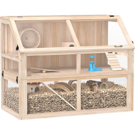 Hamsterkäfig aus Holz 3 Etagen Nagerkäfig Kleintierkäfig mit Wippe Laufrad Hütte 95 x 53 x 76 cm Naturholz (1/4)