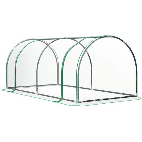 Mini-Gewächshaus für Tomaten, Abmessungen 2 m x 1 m x 0,8 m, mit Reißverschlusstür, PVC-Abdeckung und transparentem Stahlrahmen.