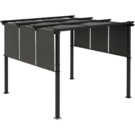 Pergola con 3 tende scorrevoli (3 m x 3 m), struttura in metallo verniciato a polvere epossidica anticorrosione, tessuto in poliestere grigio.