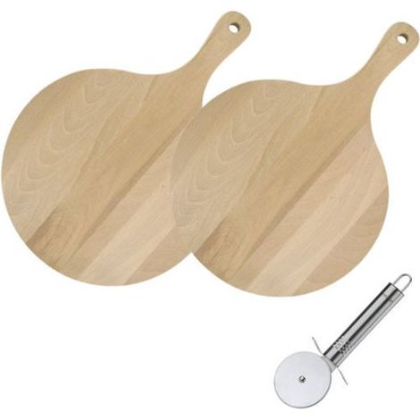2 Planches à pizza et tarte flambée en bois 30 cm et Roulette à pizza en inox Fackelmann (1/5)