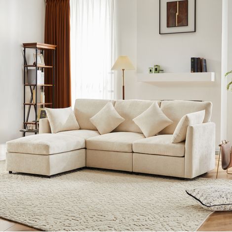 Divano angolare modulare convertibile 3 posti con pouf mobile e 4 cuscini beige HAVRYA (1/5)