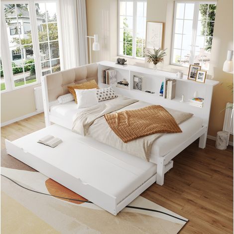 Cama nido de madera de pino blanca 90x200 cm con cama extraíble, USB, LED regulable y estantería lateral (1/5)