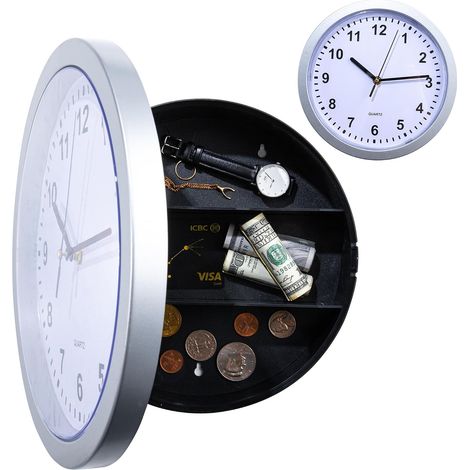1 Horloge murale, 25 cm, Coffre-fort dissimulé, 3 étagères, Rangement secret, Salon Chambre