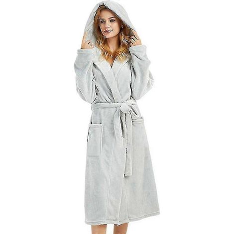 Peignoir à capuche pour femme, doublé polaire, moelleux-S-Light Grey (1/2)