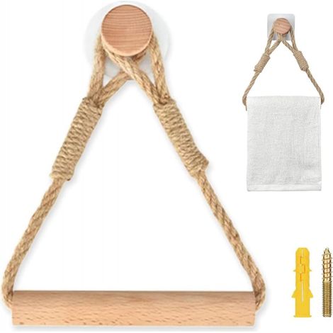 Porte Rouleau Papier Toilette - Corde Chanvre et Bois Naturel - Fixation Murale Auto-Adhésive - Salle de Bain - 1 Pièce (1/5)