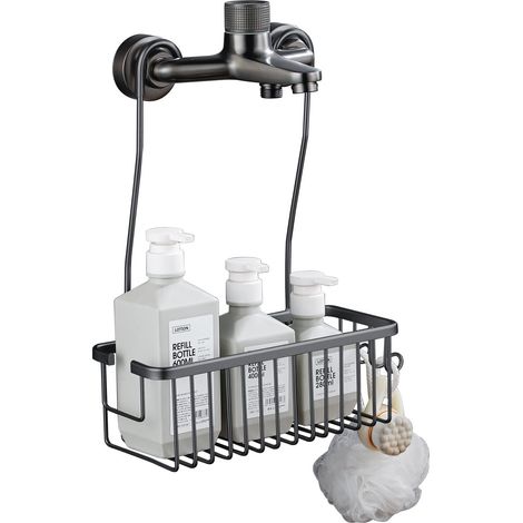 Serviteur de Douche Suspendu en Aluminium - Étagère et Panier Sans Perçage à Accrocher au Mitigeur, Grey (1/5)