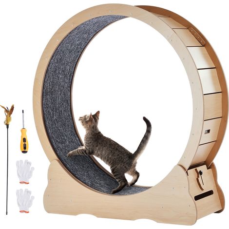 Mophorn Rueda de ejercicio de madera para gatos, rueda de correr grande para gatos de 43,3" para gatos de interior, rueda para correr para gatos con alfombra desmontable y juguete para gatos. (1/5)
