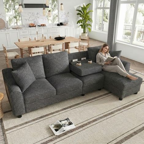 Canapé d’angle modulable 280x136x82 cm avec méridienne coffre, porte-gobelets et tissu chenille, gris