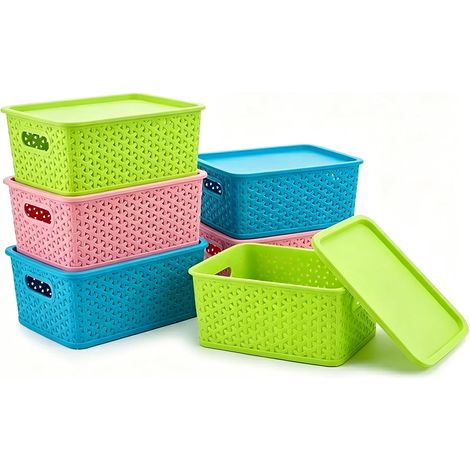Set of 6 Plastic Storage Baskets with Lids, Stackable, Rattan Look (1/5)