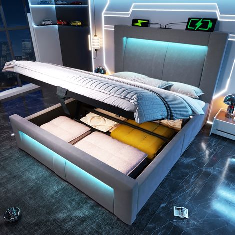 Einzelbett 90/200 cm grau aus Samt mit Stauraum, LED und Ladeanschlüssen (1/5)