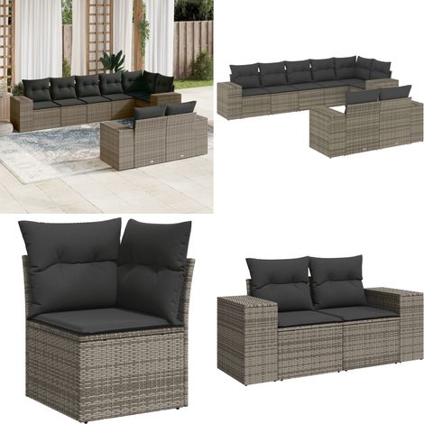 8-tlg. Garten-Sofagarnitur mit Kissen Grau Poly Rattan - Gartensortiment - Outdoor Möbel - Gartenlounge - Rattanmöbel - Lounge Set - Home & Living (1/5)