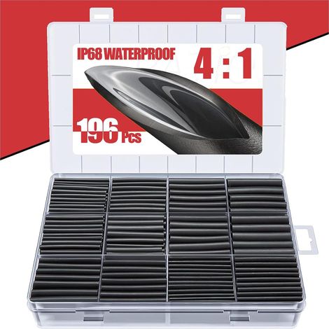 196 Pièces Kit de Gaine Thermorétractable Etanche - 4:1 Tube Thermoretractable à Double paroi - Revêtement adhésif - Gaine Thermo - Noire (1/5)
