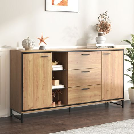 Aparador de madera clara con 16 luces LED de colores, estantes de vidrio y gran capacidad de almacenamiento, diseño moderno con patas de metal CHICFURN (1/5)