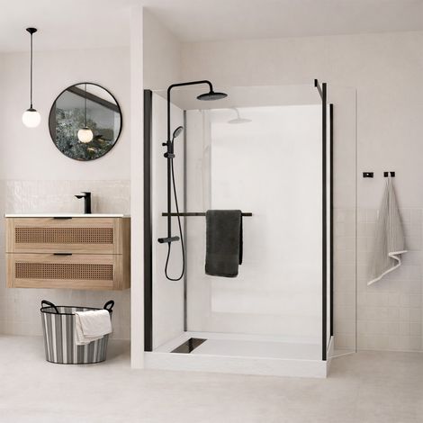 Box Doccia Walk-in 120x90 con Colonna Nera e Piatto Alto